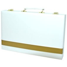 Edler Backgammon-Koffer in Weiß mit goldfarbenem Zierstreifen, geschlossenes Format 38×23 cm, kompaktes Reise-Set