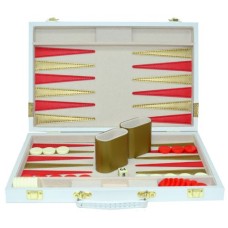 Backgammon-Koffer mit 2×15 Kunststoff-Steinen in Rot und Weiß, 2 Würfeln und 2 Würfelbechern, alles passt ins Gehäuse