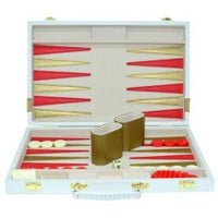 Backgammon-Koffer mit 2×15 Kunststoff-Steinen in Rot und Weiß, 2 Würfeln und 2 Würfelbechern, alles passt ins Gehäuse