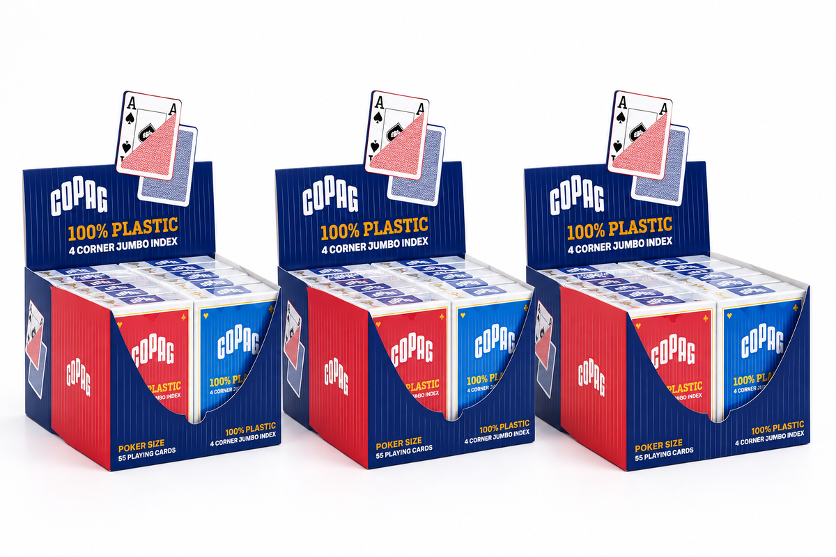COPAG-Pokerkarten aus 100% Plastik, Jumbo Index, 4 Eckzeichen, 3x Displays