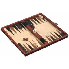 Geöffnetes Backgammon-Spiel mit kunstvoll bedruckter Spielfläche und robusten Holzspielsteinen