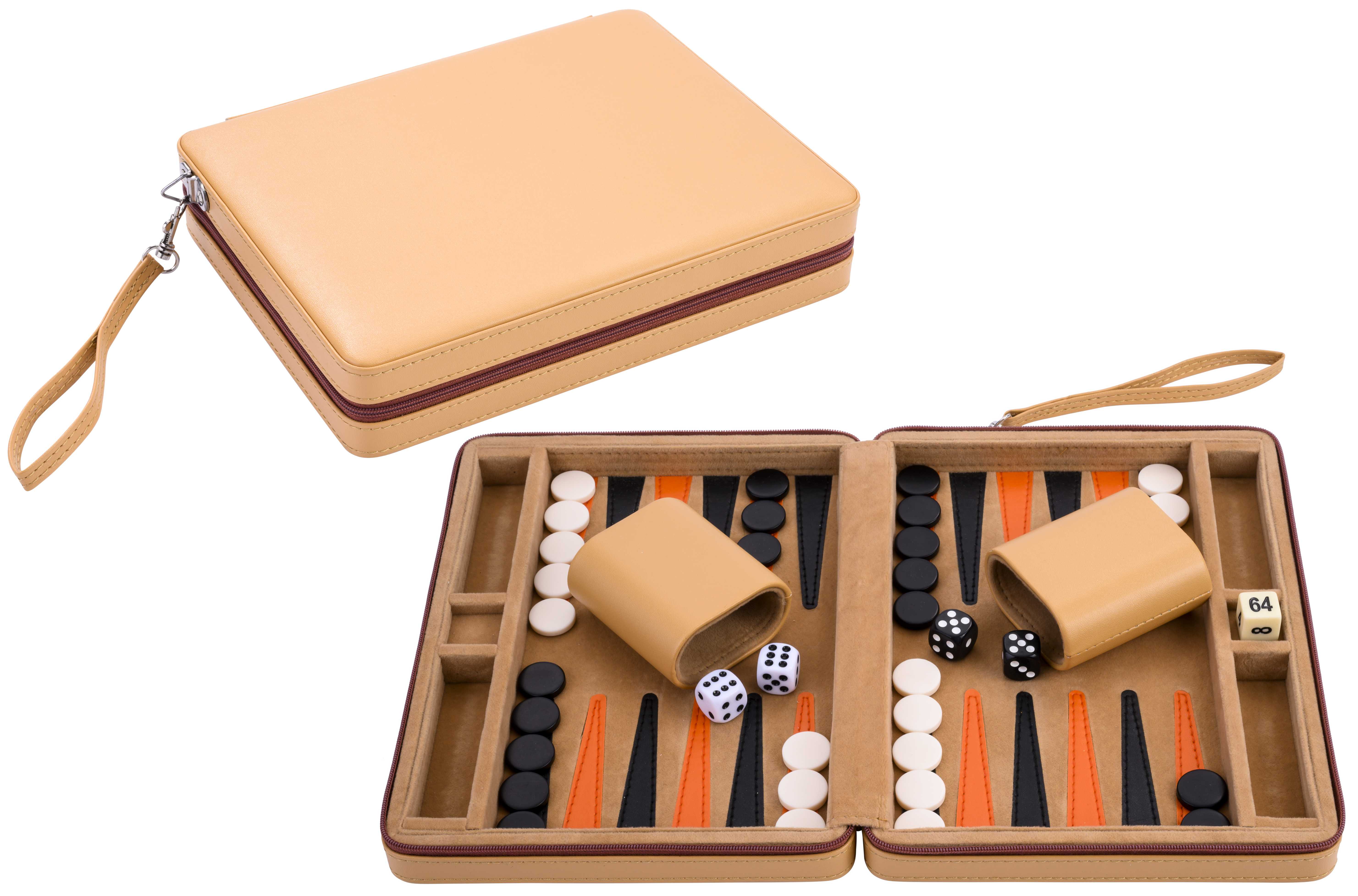 Hauptbild – Koffer geschlossen, Frontansicht:
Kompakter Backgammon-Koffer in Beige mit Reißverschluss und Tragelasche, geschlossen