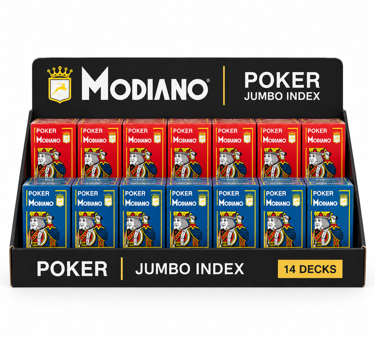 Modiano Jumbo Pokerkarten Display mit 14 Kunststoff-Decks in Rot und Blau, 4 Eckzeichen