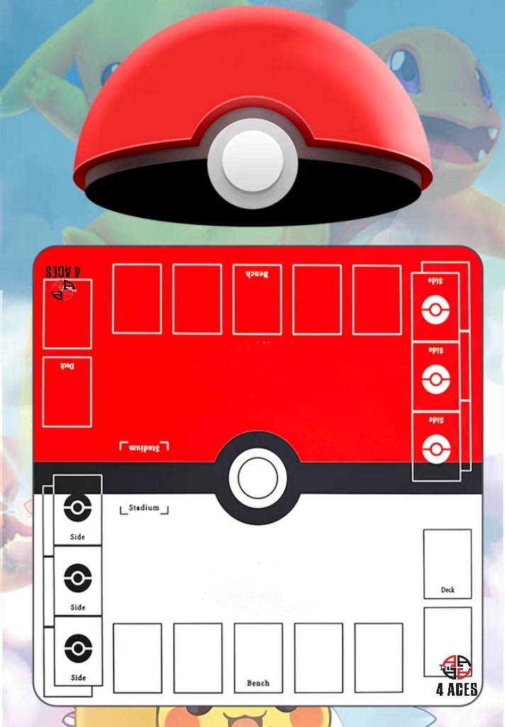 Nahaufnahme des rot-weiß-schwarzen, Pokéball-inspirierten Designs der Pokémon Spielmatte für Trading Card Game