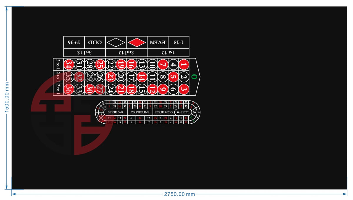 Roulette-Spieltuch aus Velvet mit Zero und Rennbahn, komplettes Layout
