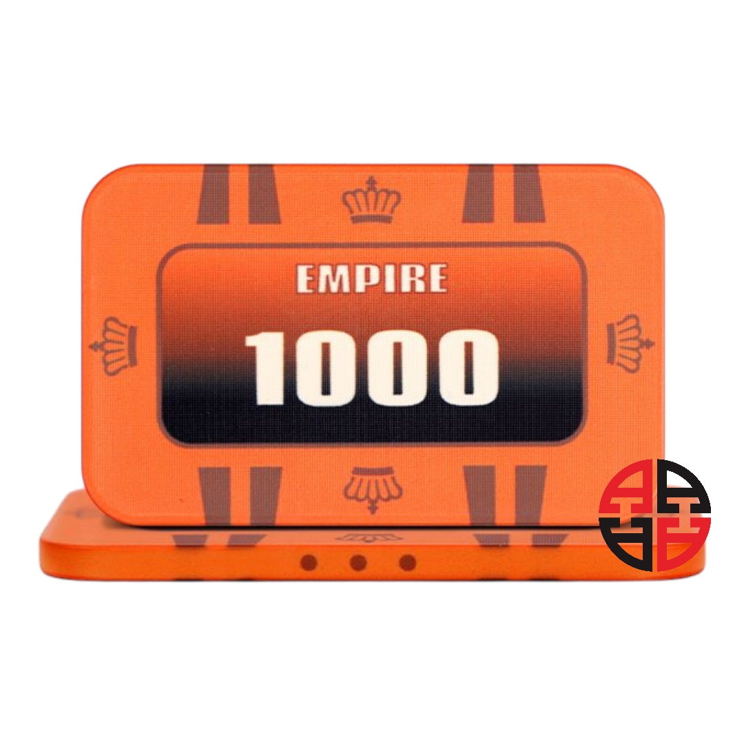 Wertstufen der Empire Keramikchips: von 5 bis 1000 mit orangem Plaque