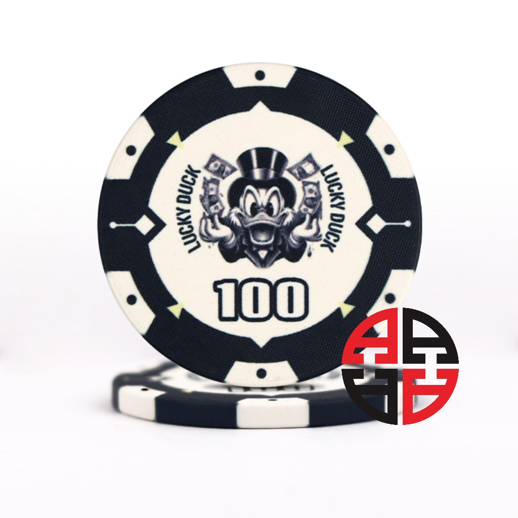 Detailansicht des Lucky-Duck-Designs auf einem Keramik-Pokerchip